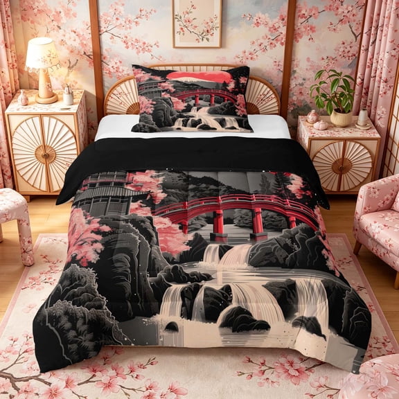 Manfei Stylized Fuji Twin Comforter Sets for Girls, Red Moon Waterfall Bedding Set, Black Pink, Black Reversible 2-Piece, 1 Comforter and 1 Pillowcase