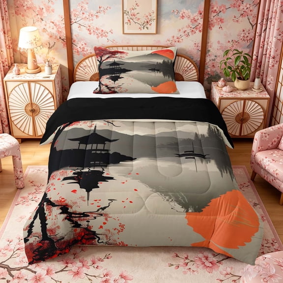 Manfei Stylized Fuji Twin Comforter Sets for Girls, Red Sun Lake Bedding Set, Black Red Gray, Black Reversible 2-Piece, 1 Comforter and 1 Pillowcase