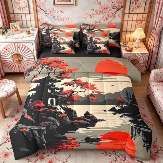 Manfei Stylized Pagoda Bedding Comforter Set for Girls Women, Red Sun Lake Full Bedding Set, Black Red Gray, Black Reversible7 Pieces