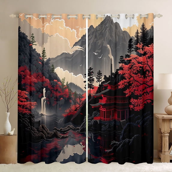 Manfei Stylized Pagoda Black Out Curtains for Teens, Mountain Waterfall Curtains Pack of 2 (42x63 Each), Black Red Gray