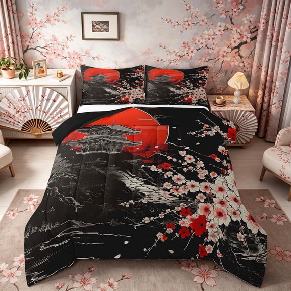 Manfei Stylized Temple Queen Comforter Set for Girls Women, Red Moon Blossom Bedding Comforter Set, Black Red White, Black Reversible 3 Pieces, 1 Comforter and 2 Pillowcases