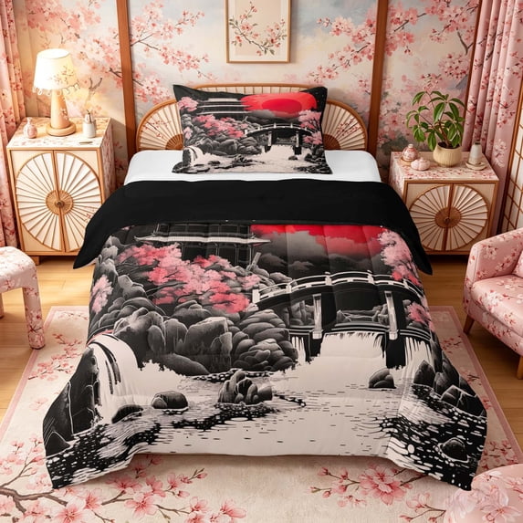 Manfei Stylized Temple Twin Comforter Sets for Girls Women, Red Moon Bridge Bedding Set, Black Pink, Black Reversible 2 Pieces, 1 Comforter and 1 Pillowcase