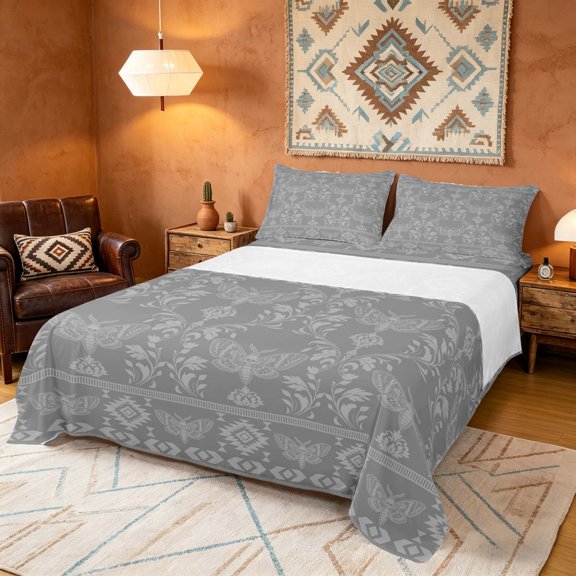 Manfei Subtle Gothic Moth Damask Bed Sheets, Aztec Tribal Floral Fuul Size Sheets, Light Gray Gray, Gray Reversible 4 Pieces1 Flat Sheet + 1 Fitted Sheet + 2 Pillowcases
