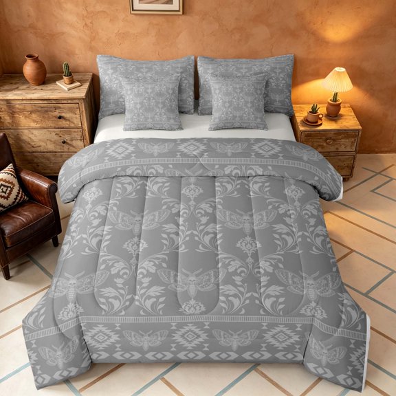Manfei Subtle Gothic Moth Damask Full Size Bedding Sets, Aztec Tribal Floral Full Size Bed in a Bag, Light Gray Gray, Gray Reversible 7-Piece