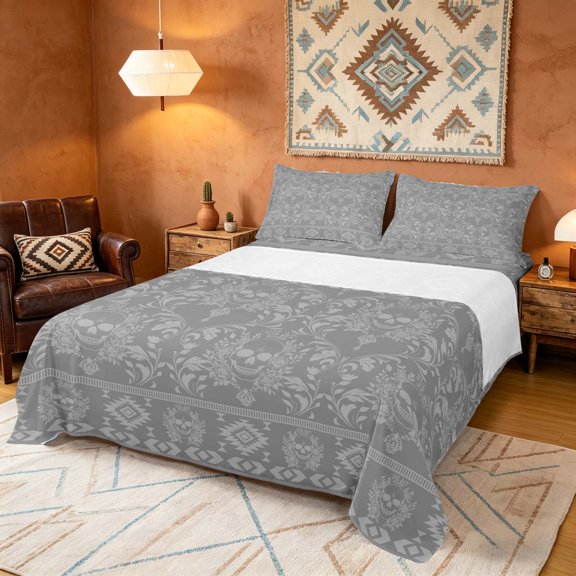 Manfei Subtle Gray Skull Bed Sheets, Aztec Floral Damask Fuul Size Sheets, Light Gray Gray, Gray Reversible 4-Piece1 Flat Sheet + 1 Fitted Sheet + 2 Pillowcases