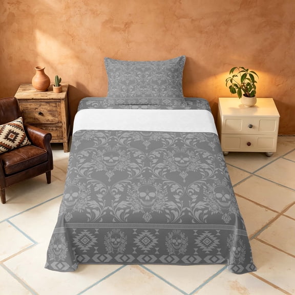 Manfei Subtle Gray Skull Twin Sheets, Aztec Floral Damask Bedding, Light Gray Gray, Gray Reversible 3-Piece1 Flat Sheet + 1 Fitted Sheet + 1 Pillowcase