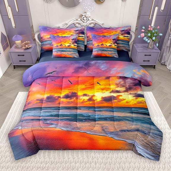 Manfei Summer Beach Coastal 7 Pieces Bedding Comforter Set, Marine Ocean Party Full Bedding Set, Romantic Sunset Reversible Fitted Sheet Flat Sheet, Luxury Bedroom Decor