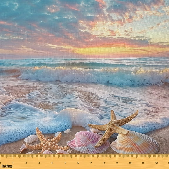 Manfei Summer Beach Fabric by the Yard (1 Yard), Tropical Ocean Sea Decorative Fabric by the Yard, Starfish Seashell Conch Sewing & Crafting Fabric