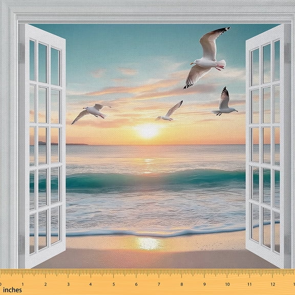 Manfei Summer Beach Sewing & Crafting Fabric (2 Yards), Wild Seagull Home Decor Fabric by the Yard, Ocean Sea Wave DIY Fabric