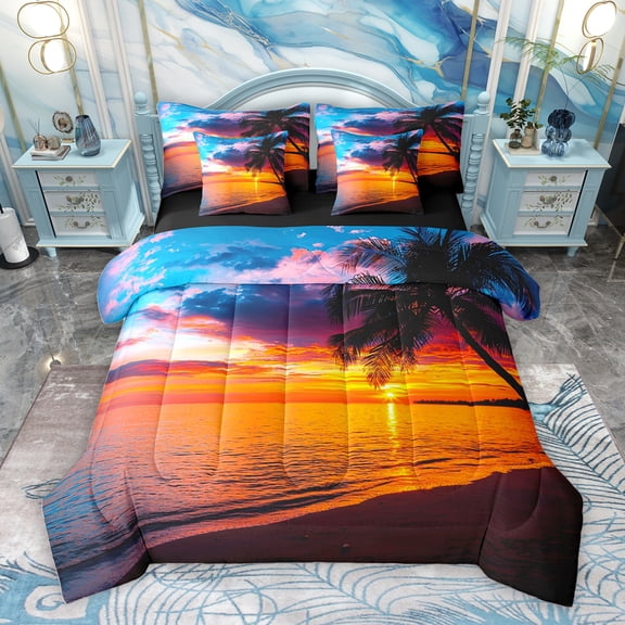 Homewish Summer Ocean Beach Bedding Comforter Set 7pcs, Romantic Marine Sunset King Bedding Sets, Coconut Tree Reversible Bed Sheets, Microfiber Bedroom Decor