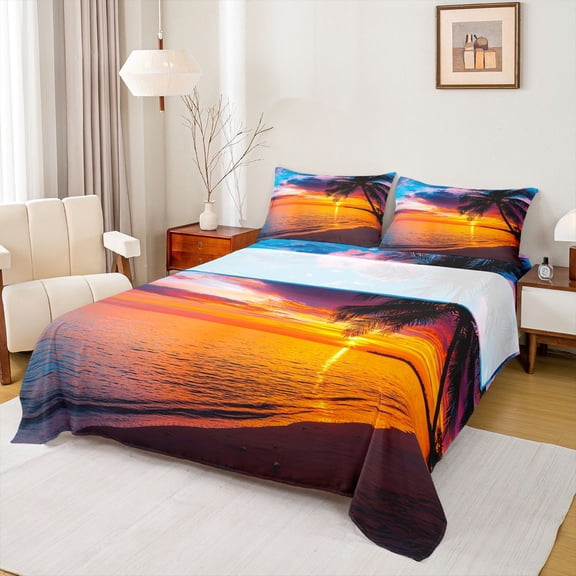 Homewish Summer Ocean Beach Twin Sheet Sets, Romantic Marine Sunset Twin Fitted Sheet, Coconut Tree Flat Sheet, Microfiber Bedroom Decor, 3pcs