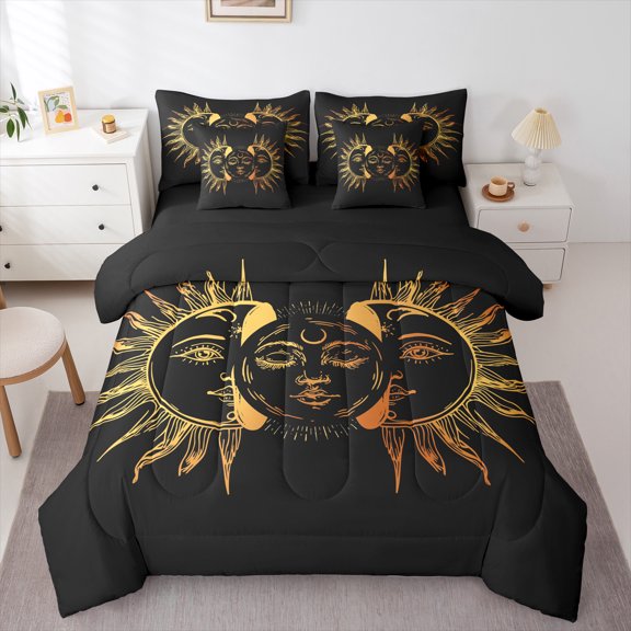 Manfei Sun Flower 7-Piece Bedding Comforter Set,Boho Floral King Bedding Sets,Black Gold bohemian Bed Sheets For Boys Teens,Breathable Home Decor Reversible