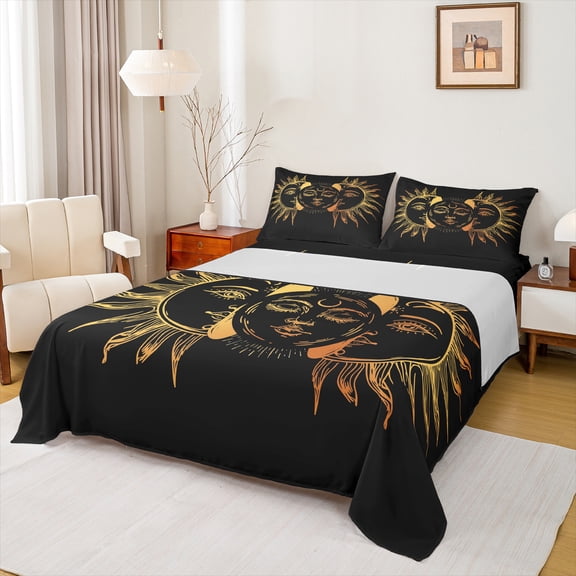 Manfei Sun Flower Bed Sheets,Boho Floral King Sheets,Black Gold bohemian Sheet Set For Boys Teens,Breathable Home Decor,4-Piece
