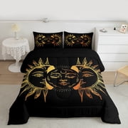Manfei Sun Flower Bedding Comforter Set,Boho Floral Twin Comforter Sets,Black Gold bohemian Bedding Set For Boys Teens,Breathable Home Decor Reversible,2-Piece