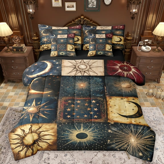 Manfei Sun Moon Pattern 7 Pieces Bedding Comforter Set,Retro Exotic Style Full Bedding Set,Vintage bohemian Theme Fitted Sheet Flat Sheet For Kids,Ultra Soft Home Decor Reversible