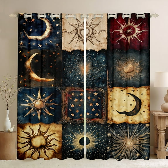 Manfei Sun Moon Pattern Black Out Curtains,Retro Exotic Style Curtains Pack of 2 (42x63 Each),Vintage bohemian Theme Bedroom Curtains For Kids,Ultra Soft Home Decor