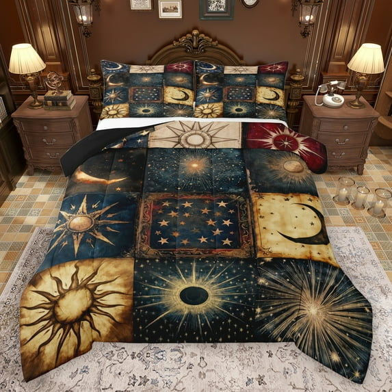 Manfei Sun Moon Pattern Full Size Comforter Sets,Retro Exotic Style Bedding Comforter Set,Vintage bohemian Theme Bedding Sets For Kids,Ultra Soft Home Decor Reversible,3-Piece