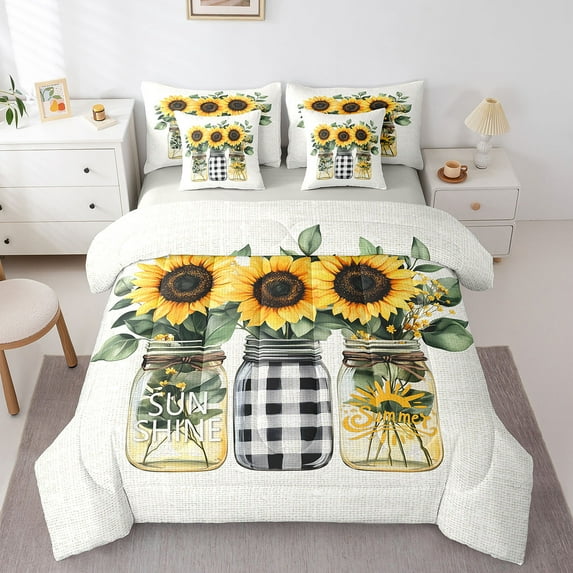 Manfei Sunflower Bed in a Bag King Size,Summer Flower Bed Set,Geometric Geometry Grid Bedding King Size,Ultra Soft Bedroom Decor Reversible,7 Pieces
