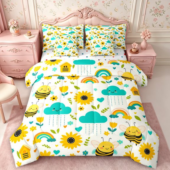 Manfei Sunflower Bee Full Size Bedding Sets 7 Pieces,Cartoon Rainbow Full Size Bed in a Bag,Reversible