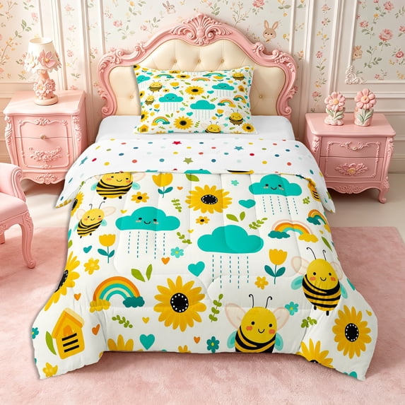 Manfei Sunflower Bee Twin Comforter Sets 2pcs,Cartoon Rainbow Bedding Set,1 Comforter and 1 Pillowcase,Reversible