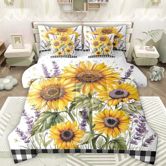 Manfei Sunflower Lavender Print 7 Pieces Bedding Comforter Set,Natural Scenery Full Bedding Set,Classic Geometric Checkered Fitted Sheet Flat Sheet For Girls Kids,Microfiber Bedroom Decor Reversible