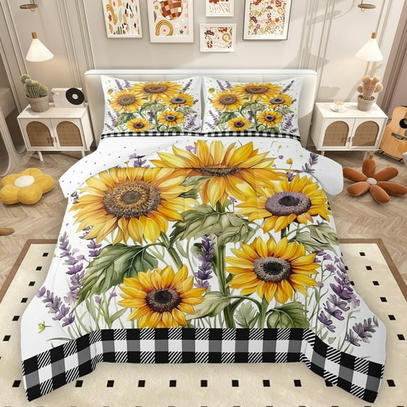 Manfei Sunflower Lavender Print Queen Comforter Set,Natural Scenery Bedding Sets,Classic Geometric Checkered Bedding Comforter Set For Girls Kids,Microfiber Bedroom Decor Reversible,3pcs