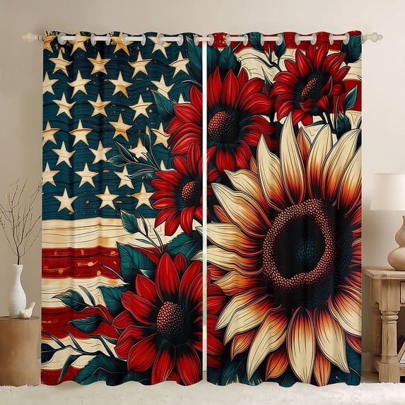 Manfei Sunflower Pattern Kitchen Curtains,Rustic Usa Flag Black Out Curtains Pack of 2 (42x63 Each),Red Yellow