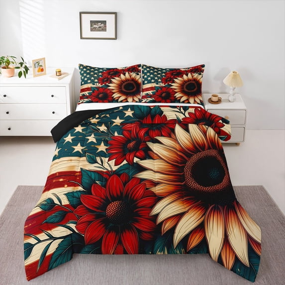 Manfei Sunflower Pattern Queen Comforter Set,Rustic Usa Flag Comforter Sets Queen,Red Yellow,Black Reversible,3pcs,1 Comforter and 2 Pillowcases