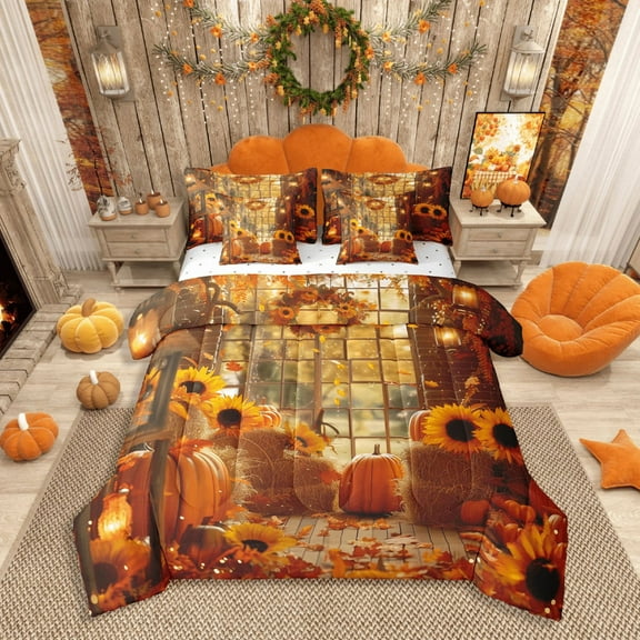 Manfei Sunflower Pumpkin 7-Piece Bedding Comforter Set,Autumn Harvest King Bedding Sets,Lodge Cabin Ultra Soft Bed Sheets,Breathable Botanical Home Decor,Reversible