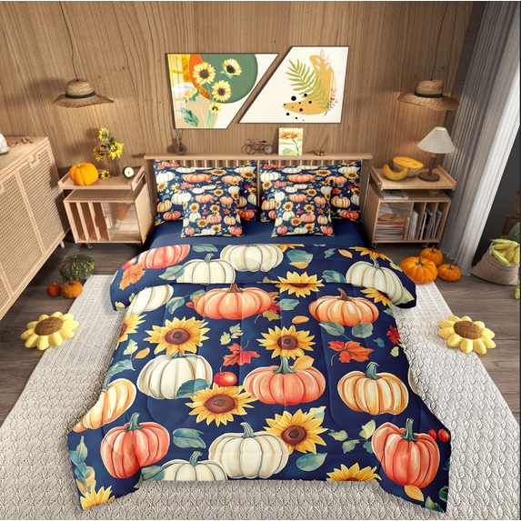 Manfei Sunflower Pumpkin Bed in a Bag Full size,Thanksgiving Day Bed Set,Botanical Plants Bedding Full Size,Microfiber Teens Bedroom Decor,Reversible,7 Pieces
