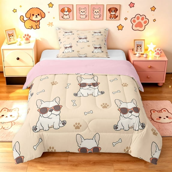 Manfei Sunglass French Bulldog Twin Comforter Sets, Cute Paw Bone Bedding Set, Cream Beige, Pink Reversible, 2-Piece, 1 Comforter and 1 Pillowcase