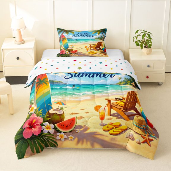 Manfei Sunny Beach Twin Comforter Sets,Fun Surfing Bedding Set,Yellow Blue,Polkadot Reversible,2 Pieces,1 Comforter and 1 Pillowcase