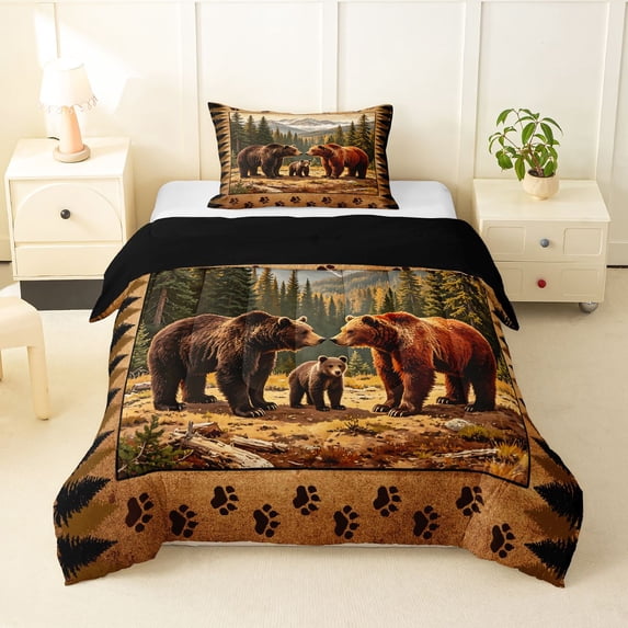 Manfei Sunset Bear Family Twin Comforter Sets,Wooded Pine Grid Bedding Set,Brown,Black Reversible,2-Piece,1 Comforter and 1 Pillowcase