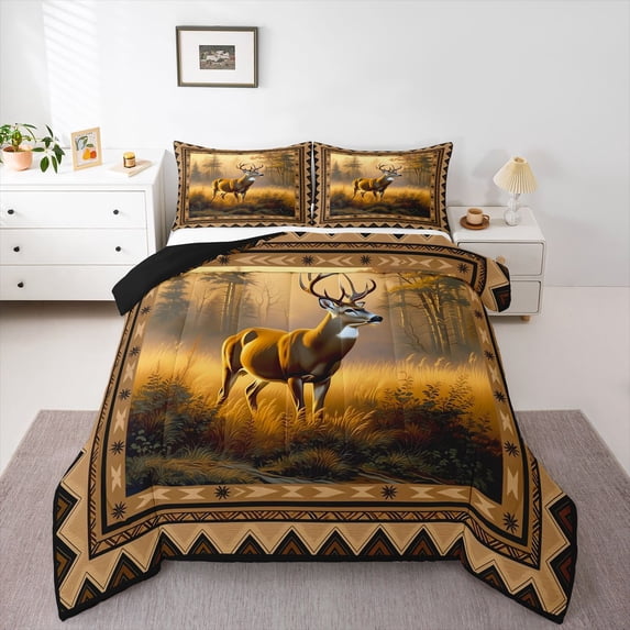 Manfei Sunset Elk Patch Full Size Comforter Sets,Rustic Pine Check Bedding Comforter Set,Golden,Black Reversible,3 Pieces,1 Comforter and 2 Pillowcases
