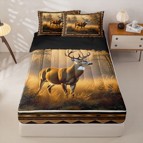 Manfei Sunset Elk Patch Zipper Twin Comforter Sets with Fitted Sheet and 2 Pillowcases,Rustic Pine Check Zipper Bedding Set,Golden,Black Reversible,4pcs