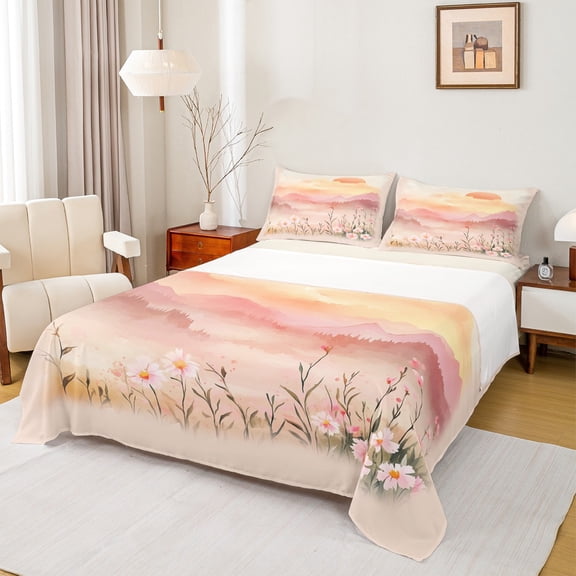 Manfei Sunset Flower Floral Bed Sheets,Natural Landscape Theme King Sheets,Gradient Pink Orange Sheet Set For Girls Teens,Luxury Bedroom Decor,4pcs