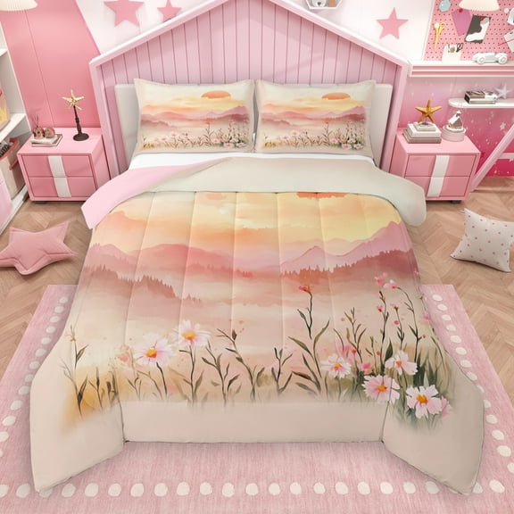Manfei Sunset Flower Floral Bedding Comforter Set,Natural Landscape Theme Twin Comforter Sets,Gradient Pink Orange Bedding Set For Girls Teens,Luxury Bedroom Decor Reversible,2pcs