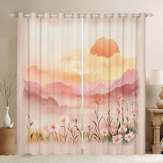 Manfei Sunset Flower Floral Blackout Curtains Set of 2 (52x84 Each),Natural Landscape Theme Window Curtains,Gradient Pink Orange Curtains and Drapes For Girls Teens,Luxury Bedroom Decor