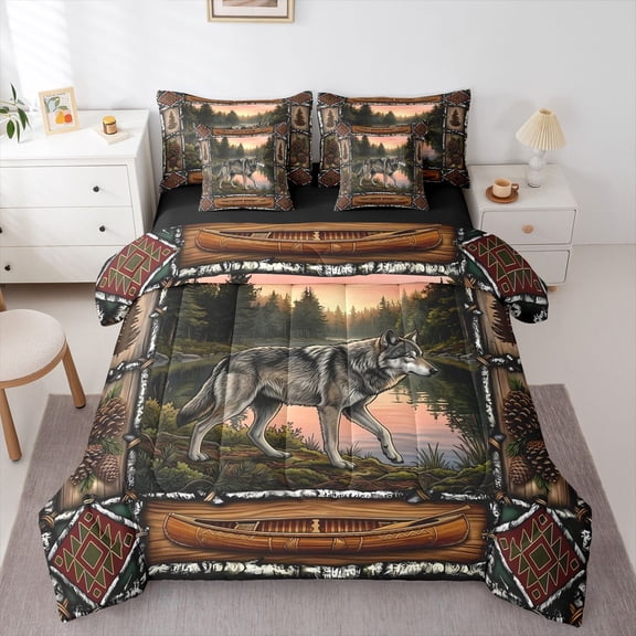 Manfei Sunset Lake 7-Piece Twin Bedding,Rustic Wolf Bedding Comforter Set,Brown,Black Reversible