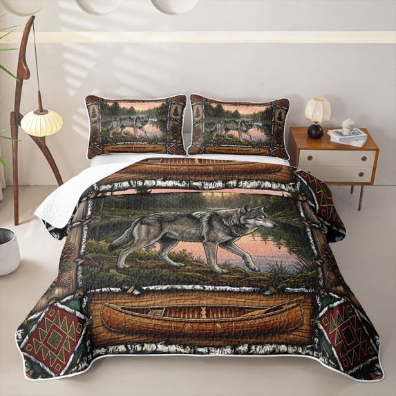 Manfei Sunset Lake Quilt King,Rustic Wolf King Coverlet Set,Brown,3pcs
