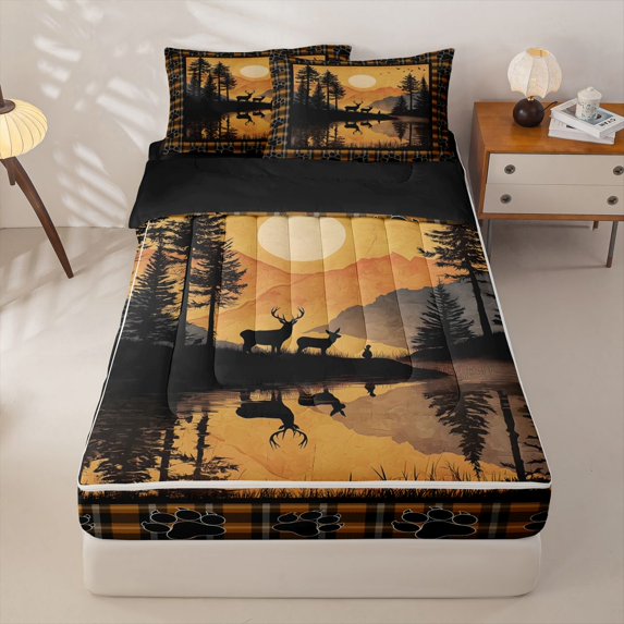 Manfei Sunset Lake Reflection Zipper Twin Comforter Sets with Fitted Sheet and 2 Pillowcases,Vintage Deer Zipper Bedding Set,Orange,Black Reversible,4pcs