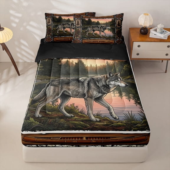 Manfei Sunset Lake Zipper Twin Comforter Sets with Fitted Sheet and 2 Pillowcases,Rustic Wolf Zipper Bedding Set,Brown,Black Reversible,4pcs