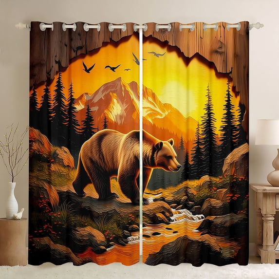 Manfei Sunset Mountain Kitchen Curtains,Safari Bear Black Out Curtains Pack of 2 (42x63 Each),Golden