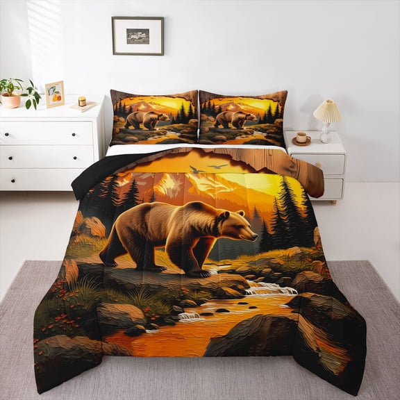 Manfei Sunset Mountain Queen Comforter Set,Safari Bear Comforter Sets Queen,Golden,Black Reversible,3pcs,1 Comforter and 2 Pillowcases
