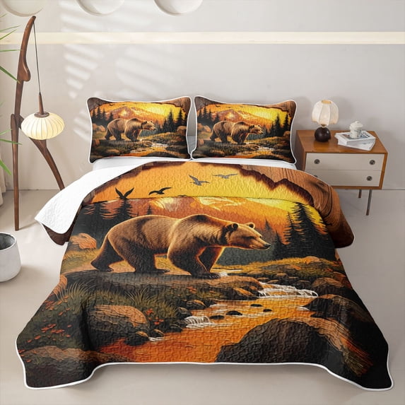 Manfei Sunset Mountain Twin Quilt Set,Safari Bear Twin Coverlet Set,Golden,2-Piece