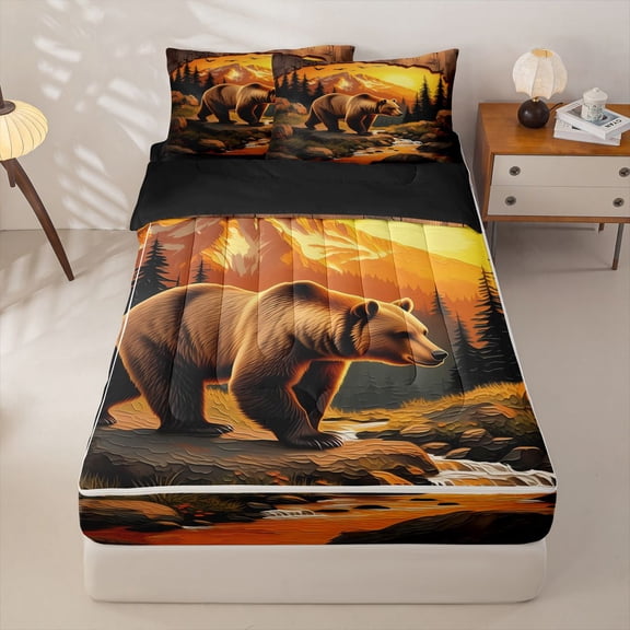 Manfei Sunset Mountain Zipper Twin Comforter Sets with Fitted Sheet and 2 Pillowcases,Safari Bear Zipper Bedding Set,Golden,Black Reversible,4pcs