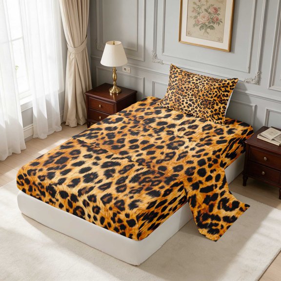 Manfei Sunset Orange Leopard Twin Sheets, Bold Wild Rosette Bedding 3pcs (1 Flat Sheet, 1 Fitted Sheet and 1 Pillowcase)