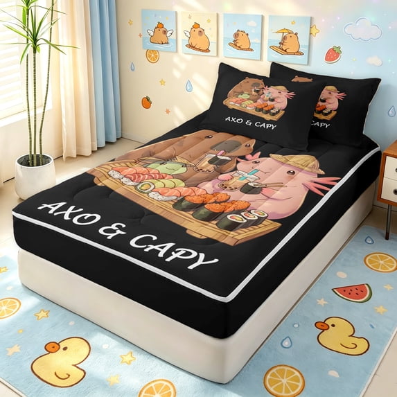 Manfei Sushi Axolotl Capybara Zipper Twin Comforter Sets with Fitted Sheet and 2 Pillowcases, Japanese Food Animal Zipper Bedding Set, Black Pink, Black Reversible, 4 Pieces