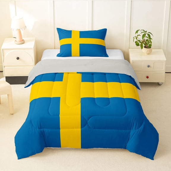 Manfei Sweden Flag Twin Comforter Sets,Blue Yellow Bedding Set,Light Gray Reversible,2-Piece,1 Comforter and 1 Pillowcase