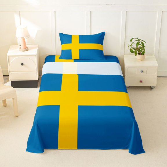Manfei Sweden Flag Twin Sheets,Blue Yellow Bedding,3-Piece,1 Fitted Sheet and 1 Pillowcase